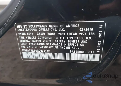 2016 Volkswagen Passat 1.8T S z USA, uszkodzony, nr VIN 1VWAT7A36GC031112